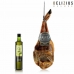 Set som består av iberisk ekollonmatad fläskaxel, olivolja och kötthållare Delizius Deluxe