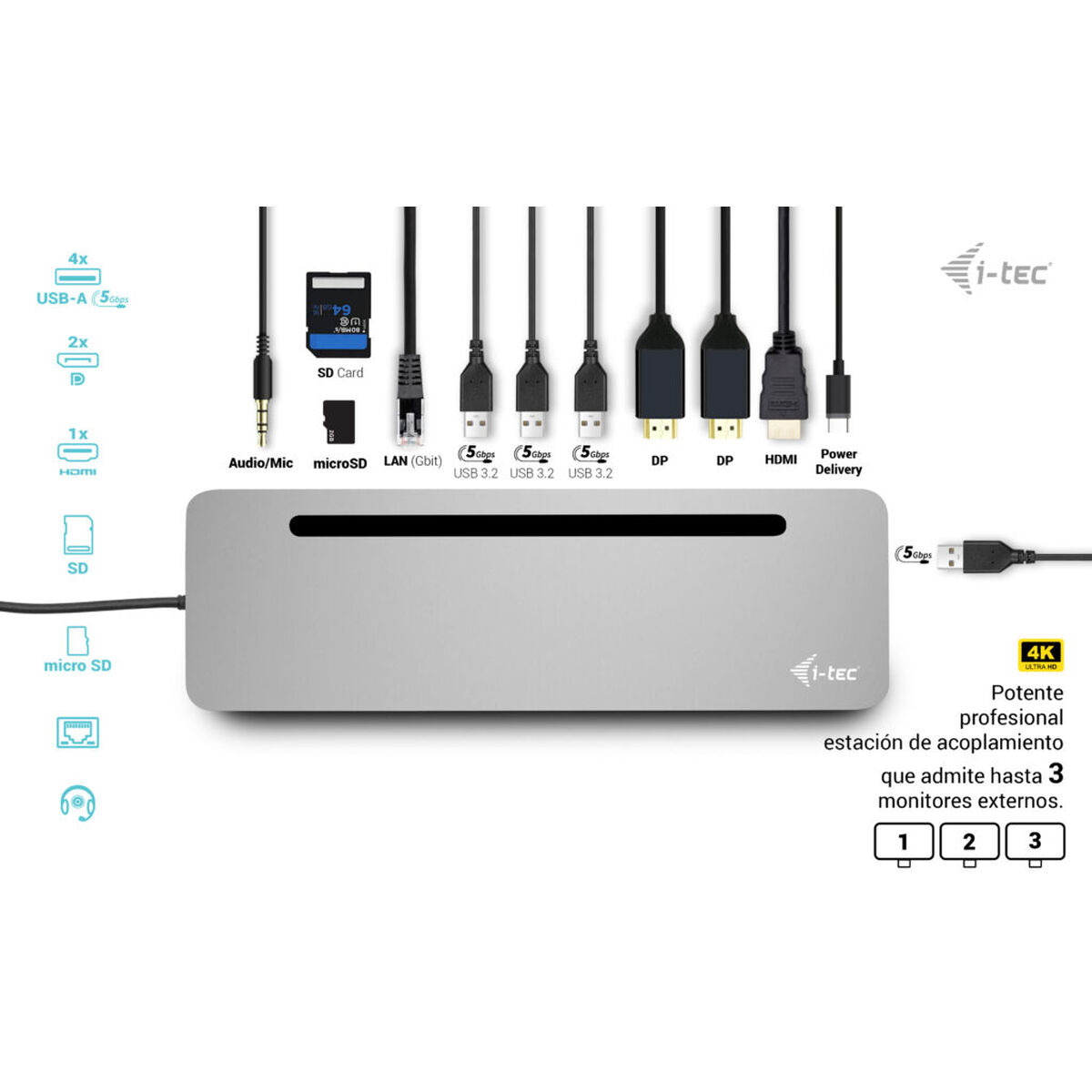 Hub USB-C i-Tec C31FLAT2PDPRO Prateado