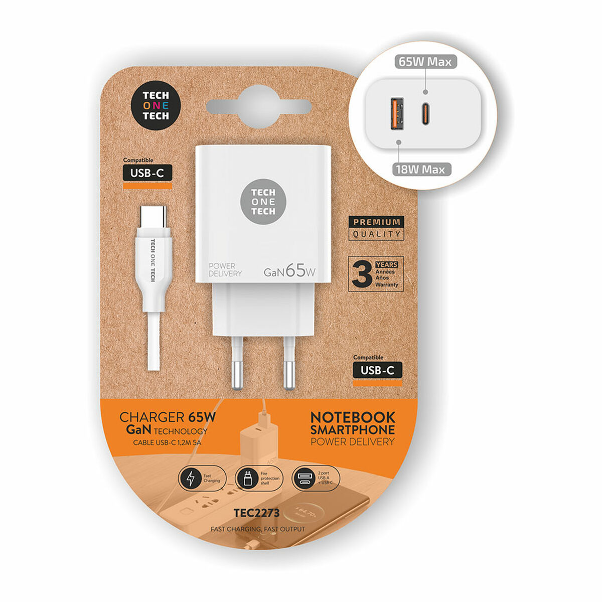 Cargador de Pared + Cable USB-C Tech One Tech