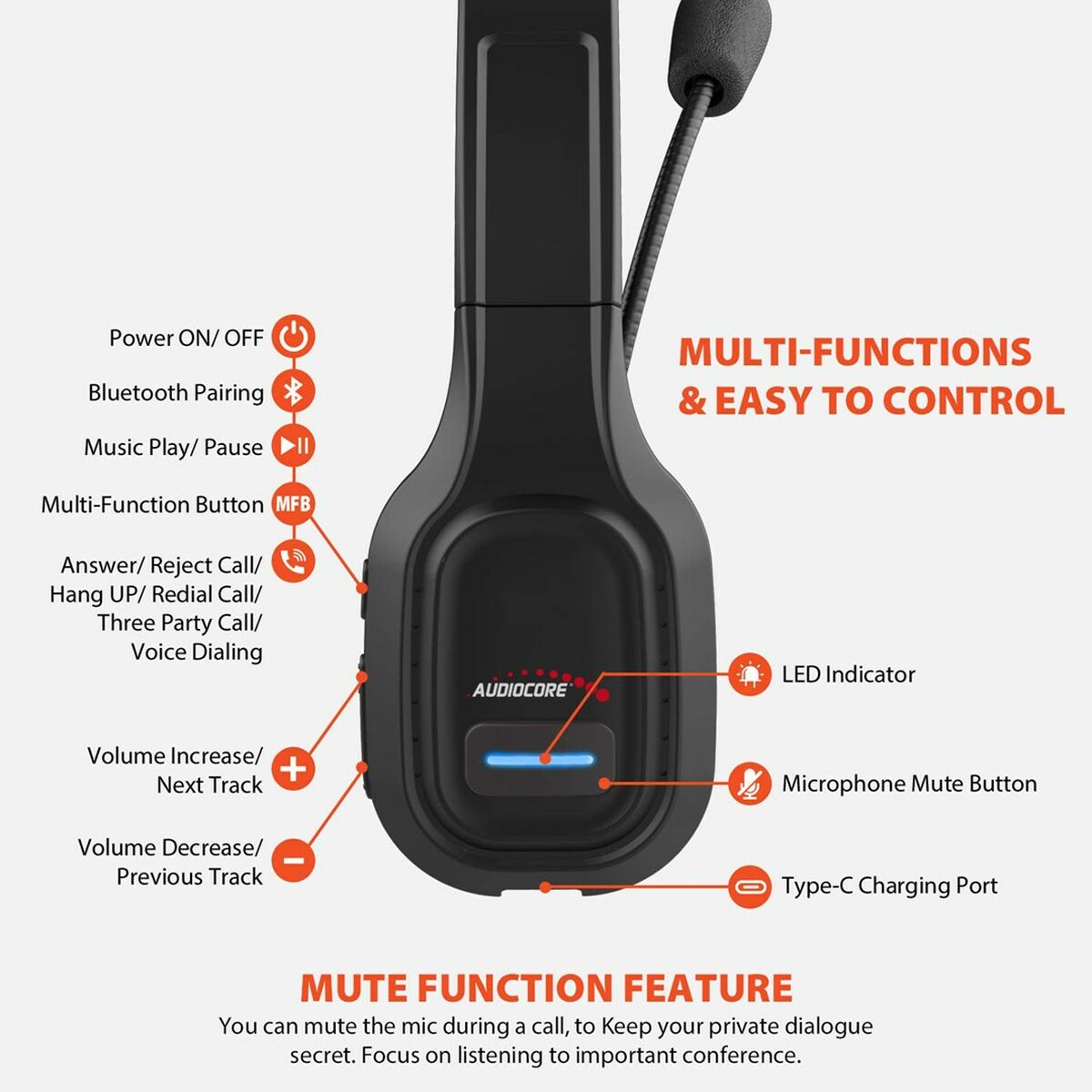 Headset met Bluetooth en microfoon AudioCore AC864