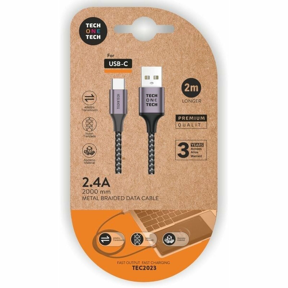 USB A - USB-C kabelis Tech One Tech TEC2023 Pilka