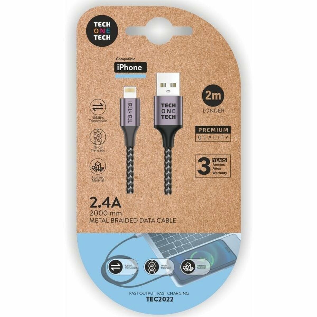 Kabel Lightning Tech One Tech TEC2022 Grå
