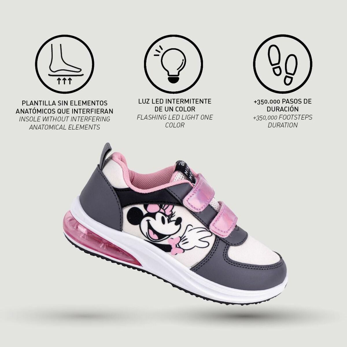 Baskets LED Minnie Mouse Gris Velcro