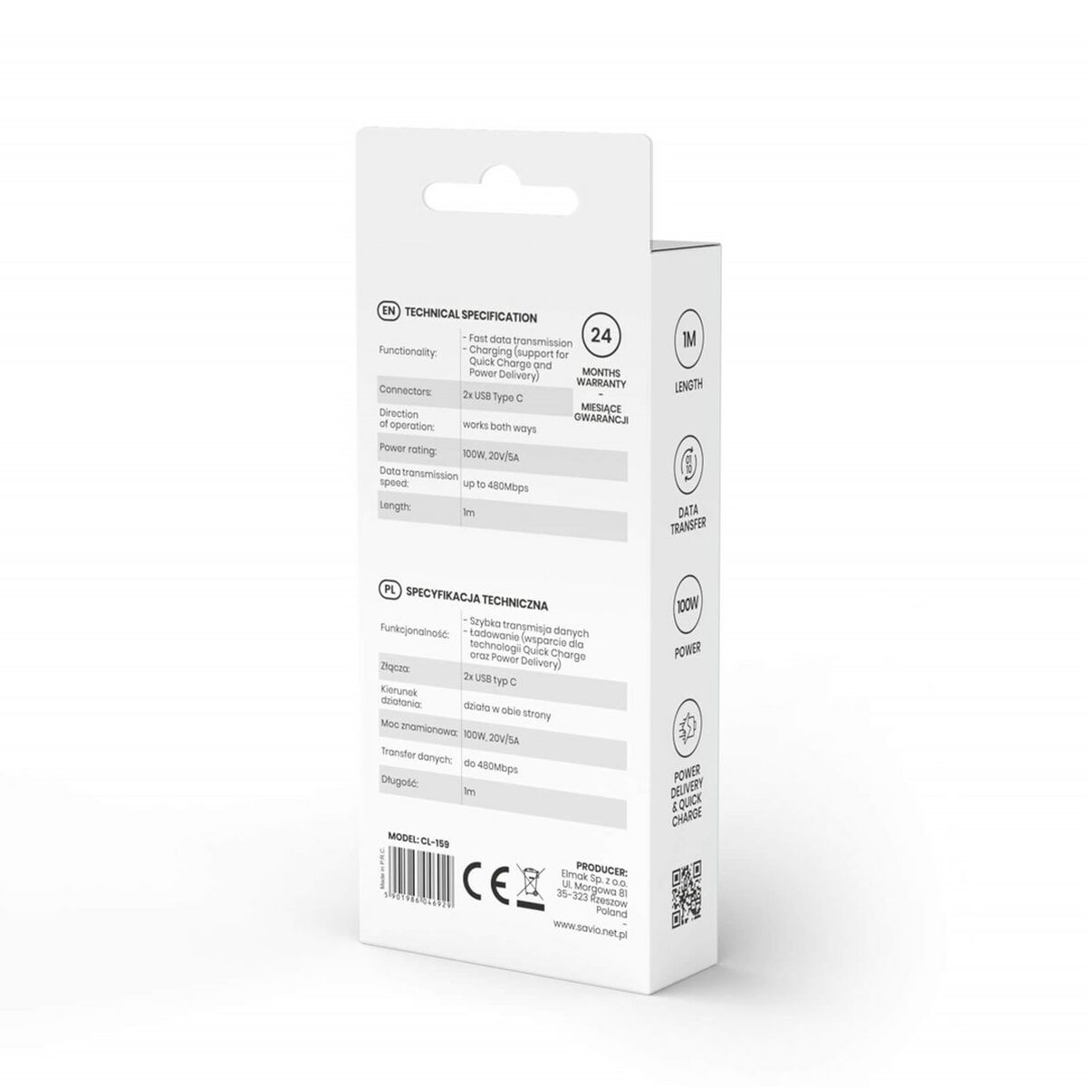 Kabel USB C Savio CL-159 Sort 1 m