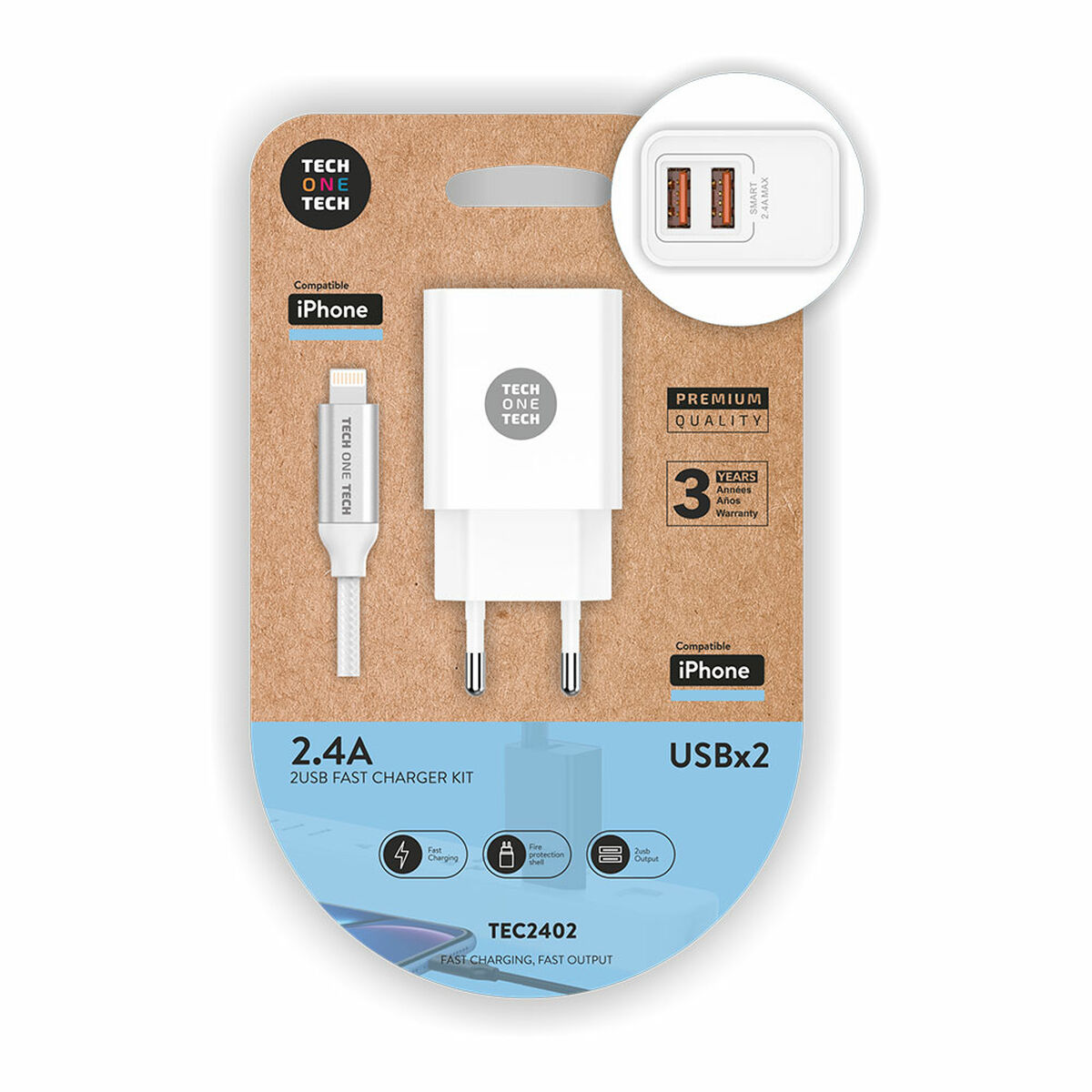 Chargeur Mural + Câble Lightning MFI Tech One Tech Double Lightning
