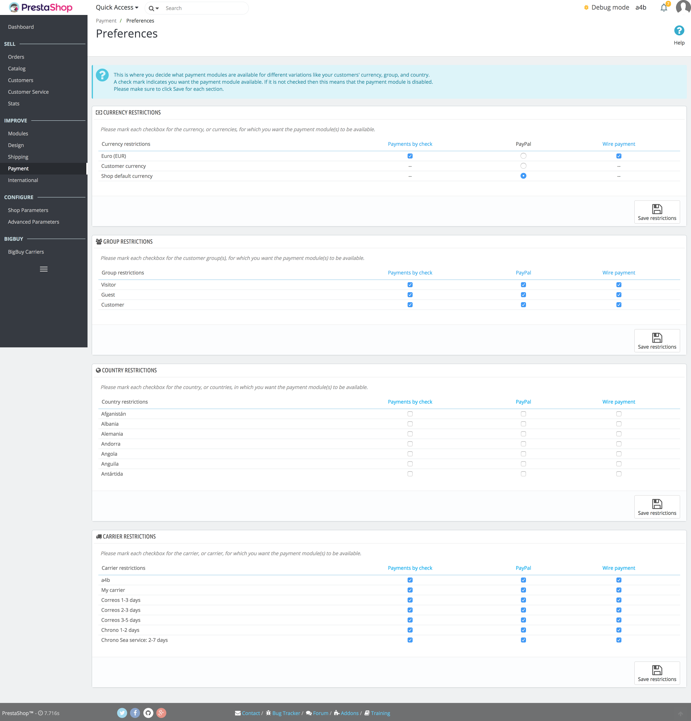 Wie kann man Zahlungsarten nach Land oder Spediteur zulassen oder