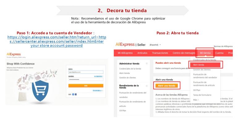 La imagen que proyectes en Aliexpress es clave para conseguir mayores ventas. Uno de los primeros pasos es abrir una tienda. Entra en tu cuenta de vendedor, y en la pestaña tienda, haz clic en abrir tienda.